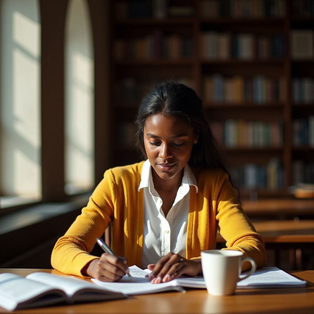Persona estudiando materiales sobre relaciones profesionales en una biblioteca académica