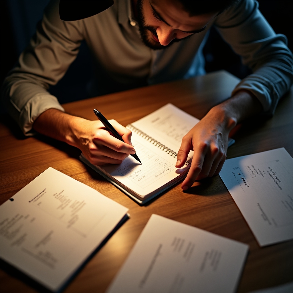 Persona organizando notas y planificación personal sobre una mesa de madera